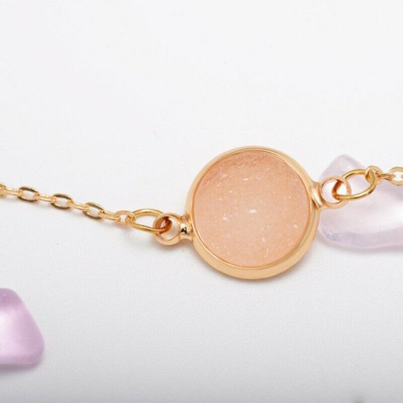 Peach Druzy Round Circle Pendant Dainty Minimalist Gold Chain Necklace - Picture 4 of 14